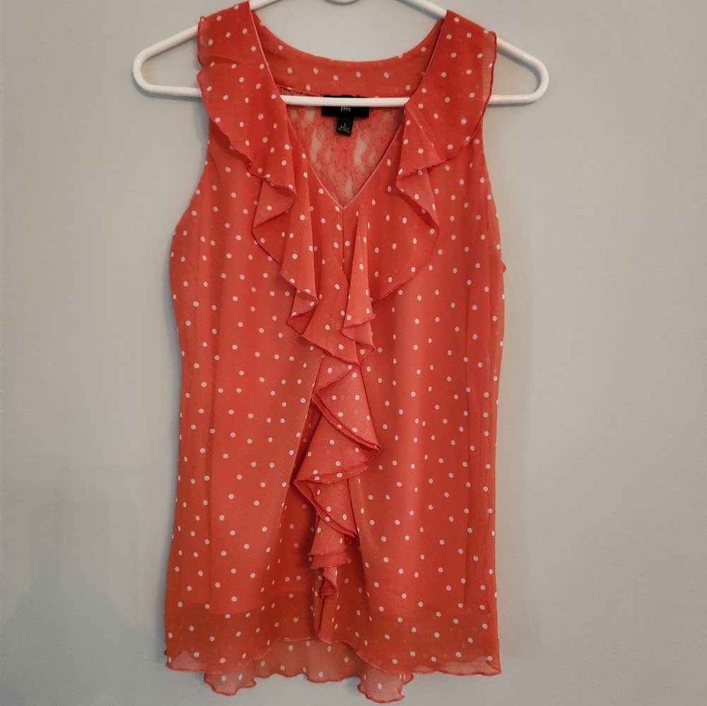 (4 For $20)EUC IZ Byer Womens Orange and White Ruffle Blouse Razor Back.  Size L